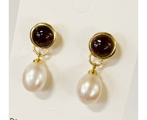 14CT GILT SILVER GARNET &amp; PEARL EARRINGS