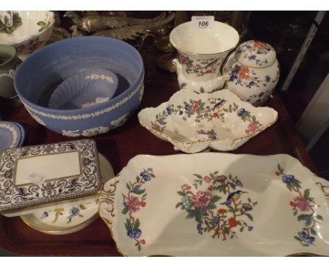 A Tray Containing Aynsley Pembroke Pattern China, Blue and White Wedgwood Jasperware, Crown Penang Ginger Jar Wedgwood Floren