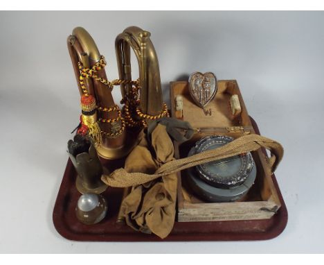 A Tray of Miliaria to Include Two Bugles, Boxed Compass, Trench Art Vase Etc. 