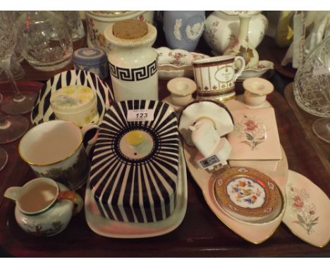 A Tray of China to Include Vintage Butter Dish and Bowl, Commemorative Mugs, Decorated Plates, Copeland Huntsman Jug Etc.