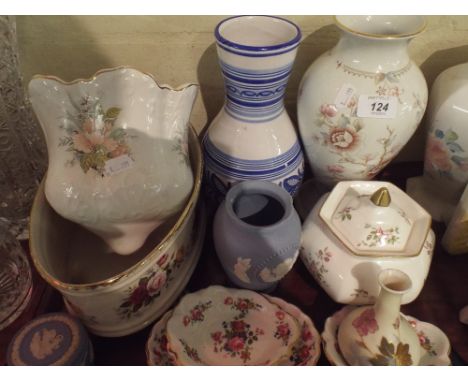 A Tray of China to include Rose Pattern Planter and Dishes, Vases, Jasperware Etc.