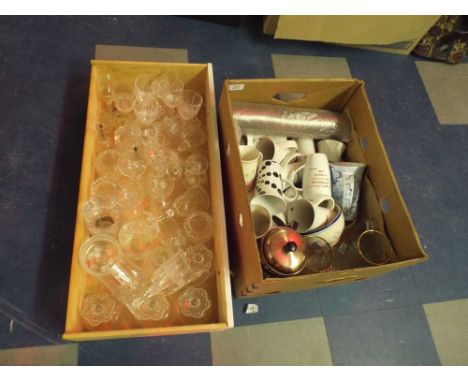 Two Boxes Containing Glass Ware, Ceramic Mugs Etc.