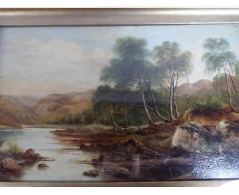 A Good Gilt Framed Oil on Board Depicting River with Trees and Figure Signed S Bassett.