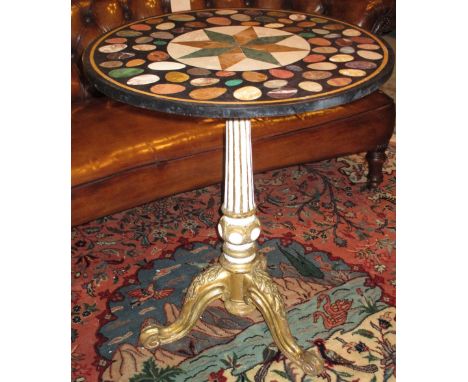 SPECIMEN MARBLE TABLE, mid Victorian parcel gilt, fluted column and carved tripod base with a circular inlaid marble top, 59c