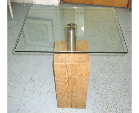 LAMP TABLE, rectangular plated glass, chrome column and seasoned oak plinth support, 50cm x 40cm x 65cm H. 