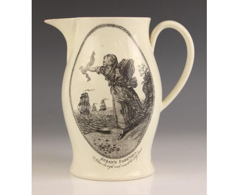 A Liverpool creamware jug, 19th century, of typical bellied form printed to one side with a vignette of a lady waving goodbye