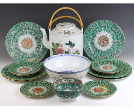 A Chinese porcelain Cabbage Leaf dinner service, 20th century, to include a set of six dinner plates, six side plates and a s