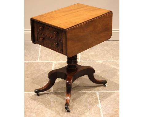 A Regency mahogany work table, the rectangular drop-leaf top over two drawers opposed by a single drawer and a frieze drawer,