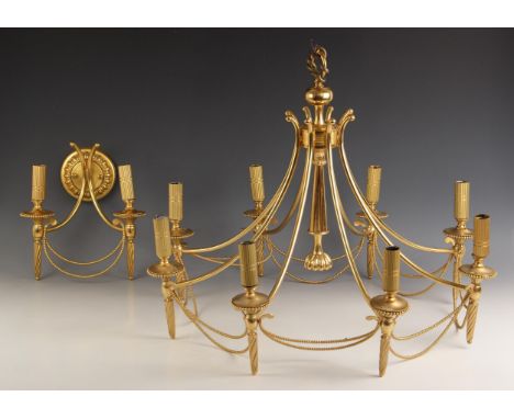 A Sciolari Roma gilt metal candelabra style ceiling light, the eight branches united by two rows of cast swagged beads, 63cm 