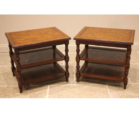 A pair of two tier rattan lamp/side tables, by Ethan Allen, America, late 20th century, each table with a burr upper tier ove