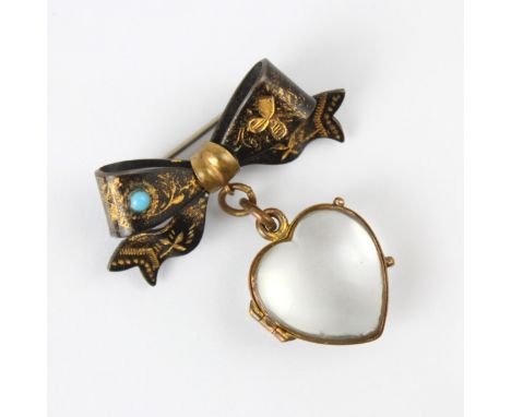 A late 19th century style 'pool of light' heart locket/brooch, the heart shaped colourless paste locket suspended by a bow br