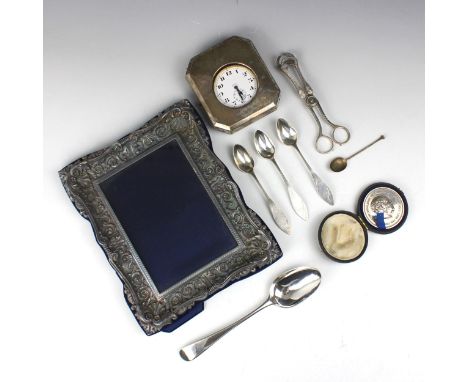 A selection of silver and silver plate, including a George V silver mounted travel goliath pocket watch, William Comyns & Son