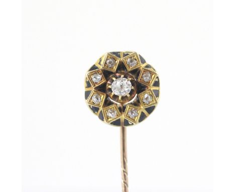 A 19th century style diamond and enamel stick pin, the circular head set with central old cut diamond within a surround of ei