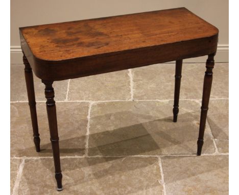 George III mahogany 'D' form side table, later converted from a tea table, the frieze inlaid with angular ebony stringing, up