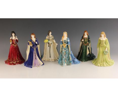 Six limited edition Royal Worcester porcelain figurines sculpted by Peter Holland, comprising: 'Golden Girl Of May', 'The Cha