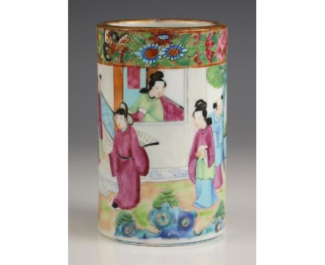 A Chinese porcelain Canton bitong, 19th century, of cylindrical sleeve form and decorated in the famille rose palette with fi