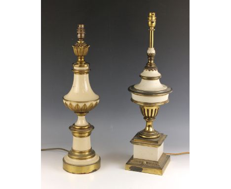 A Stiffel style painted brass table lamp, mid 20th century, of urn form on stepped square base, 56cm high excluding fitting, 