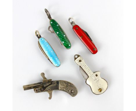 A 20th century novelty enamel miniature pocket knife, the blue guilloche enamel case opening to reveal silver coloured knife,