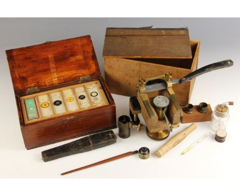 A Cathcart Freezing Microtome, early 20th century, used to freeze and slice specimens for microscopy, the wooden body with br