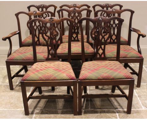 A set of eight Chippendale revival mahogany dining chairs, mid 20th century, each with an interlaced splat back over a drop-i