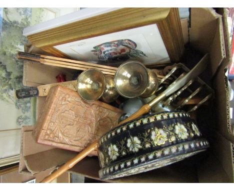 A mixed lot including vintage playing cards, 40's/50's Sharp &amp; Sons confectionary tin, a pair of Indian brass candlestick