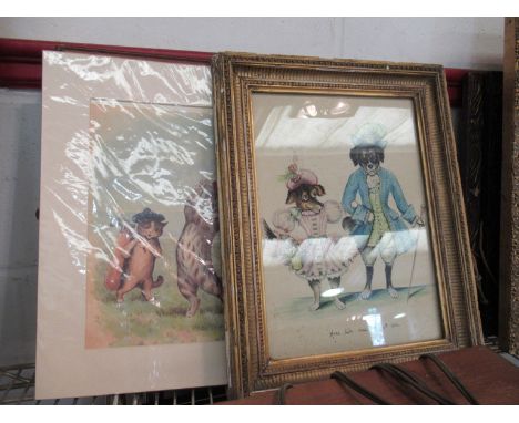 A dog caricature watercolour titled "Here we are" and dated 1954, indistinctly signed, framed and glazed, plus two modern Lou