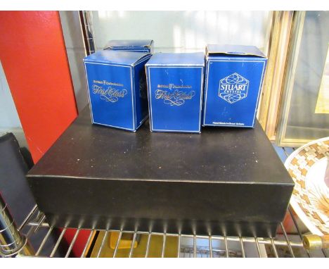 Four boxed Stuart crystal whisky tumblers, five airline branded playing card decks, boxed set of San Francisco cable car glas