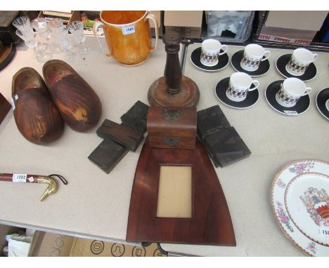A selection of wooden items including bygone printing blocks, a photograph framed, candlestick etc.