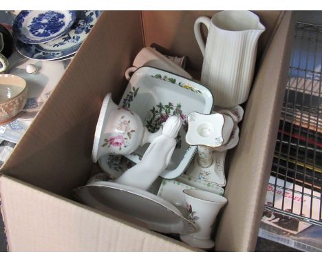 A box of decorative ceramics including Worcester vase, Worcester herbs dish, Coalport jugs, Spode figure and Royal Albert dis