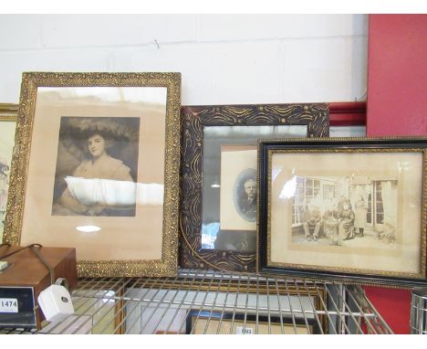 An ornate gilt framed portrait after George Romney, a pair of framed and glazed portraits and a vintage photograph of family
