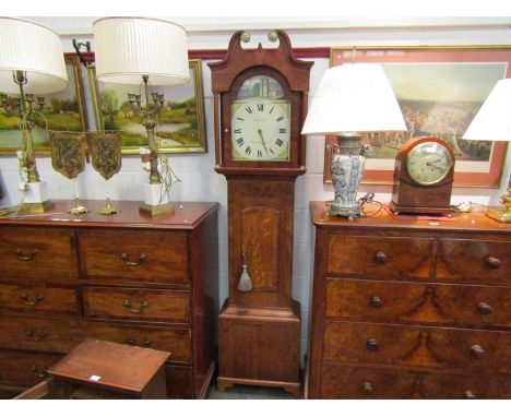 An early 19th Century oak and mahogany 30 hour longcase clock with painted arched dial, signed R. Tennison, Chesterfield, sce