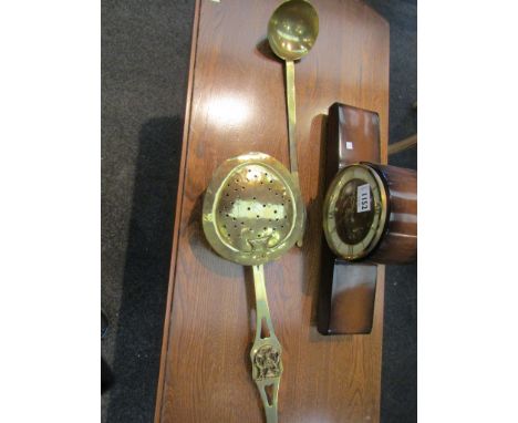 A Victorian copper bed warming pan, brass chestnut roaster and ladle (3)