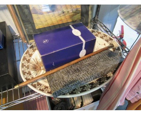 A Victorian meat platter, swagger stick, boxed Doulton crystal vase, plated fish servers