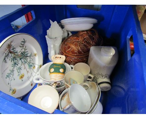 Two boxes of miscellaneous including Poole egg cup and Harvest Ware pie dish