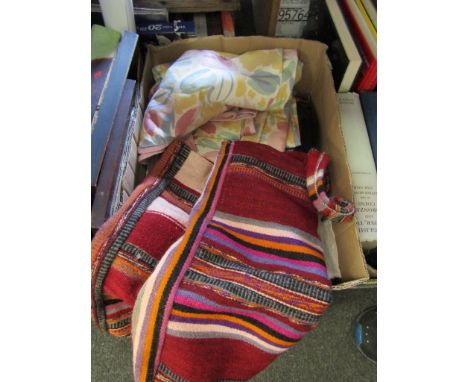 A box of vintage costume and accessories including ostrich feather fan and embroidered table runner