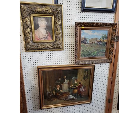 Oil on board of a farmhouse scene, unsigned. 33cm x 35cm, together with a watercolour portrait of Mrs Leighton of Abbeytheine