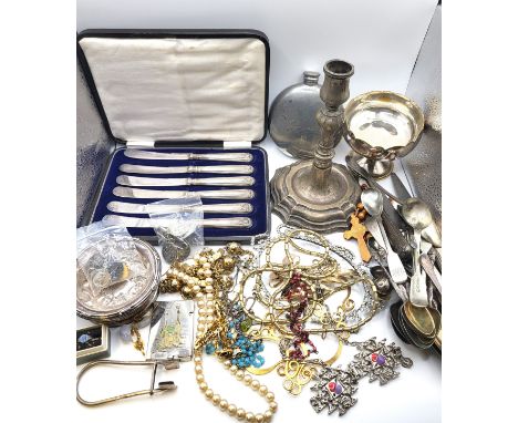 A group of silver and plated items, to include various silver mustard spoons, an Indian candlestick, a set of six silver butt