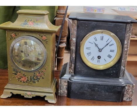 A black marble mantle clock with enamel Roman numeral dial, together with another painted mantle clock (2) 