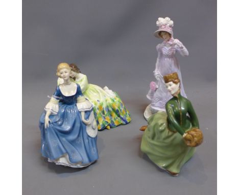 Three Royal Doulton figures of ladies together with a Royal Worcester figurine. 