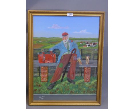 John Sleath. An oil on board depicting a homeless man on a bench. Signed and dated 1989. 59x44cm 