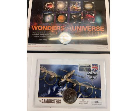 Wonders of the universe coin first day cover limited edition together with Dan busters 80th anniversary coin cover 