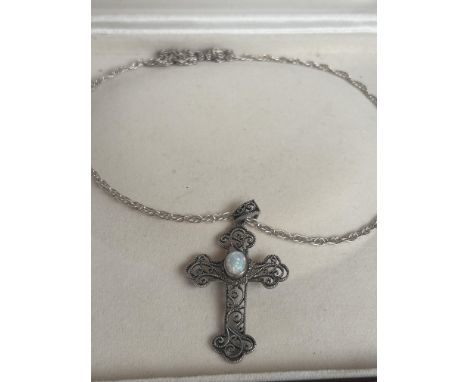 Silver & opal cross & chain 
