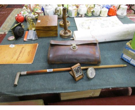 Walking cane, leather case, clock and barometer