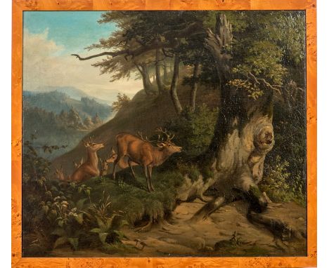 Graper, K. Oel/Leinwand, doubliert. Rehe im Wald. Rechts unten sign. und dat. " 1859 ". 68 x 78 cm. Rahmen 74 x 84 cm.