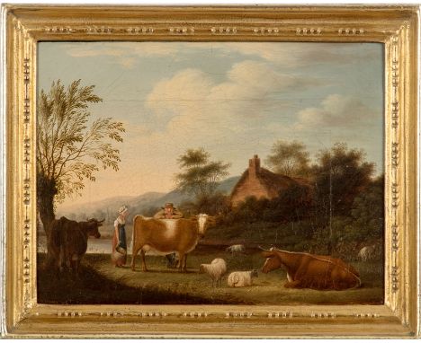Wing, R.   18./19. Jh. Oel/Leinwand. Auf dem Bauernhof. Links unten unleserl. sign. und dat. 1834.  27x37 cm. Rahmen 35 x 43 