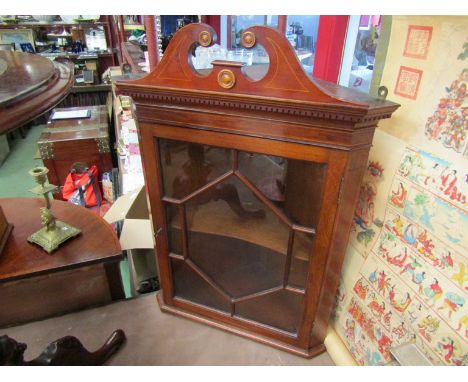 An Edwardian astragal glazed small corner cabinet with single shelf. Top right panel a/f, 75cm tall