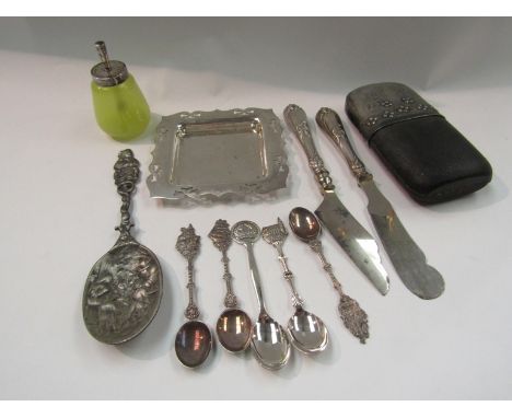 A plated and leather hip flask, silver topped atomiser, flatware etc