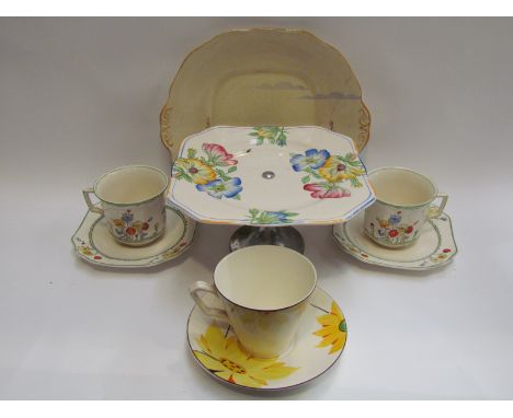 A Deco cake stand, cups and saucers etc