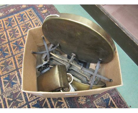 A quantity of metalwares including scales and cigarette box