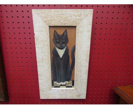 A coloured print of a black and white cat, framed and glazed, 25cm x 9cm